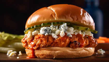 Grilled gourmet beef burger on a fresh bun with vegetables generated by artificial intelligenceの素材