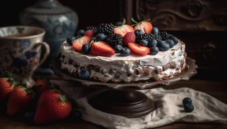 Indulgent homemade cheesecake with berry fruit decoration on rustic wood table generated by artificial intelligenceの素材