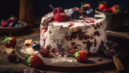Rustic cheesecake slice with fresh berry indulgence and chocolate sauce generated by artificial intelligenceの素材