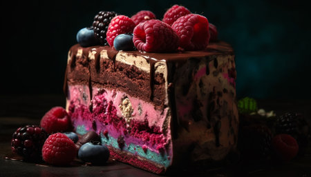 Indulgent gourmet dessert with fresh berry fruit and dark chocolate generated by artificial intelligenceの素材