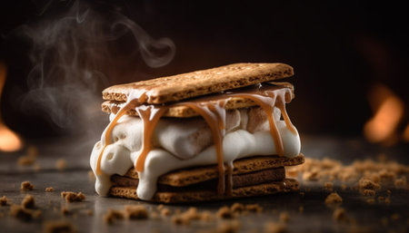Homemade chocolate shortbread cookie stack on rustic wood table generated by artificial intelligenceの素材