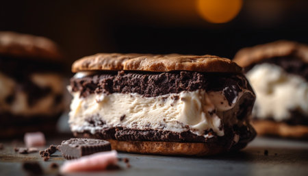 Indulgent homemade brownie stack with dark chocolate and creamy icing generated by artificial intelligenceの素材