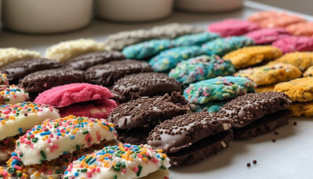 A variety of sweet food in a row, indulgence temptation generated by artificial intelligenceの素材