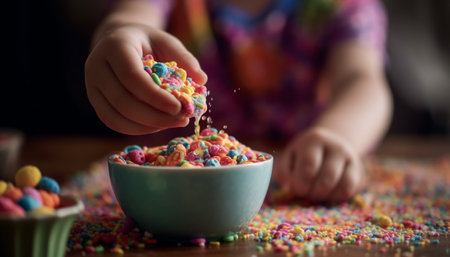 Colorful homemade dessert brings joy to children celebration indoors generated by artificial intelligenceの素材