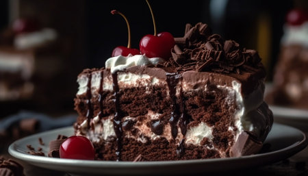 Dark chocolate cake slice with whipped cream and raspberry sauce generated by artificial intelligenceの素材