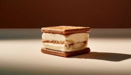 Indulgent homemade chocolate brownie with creamy icing and crunchy biscuit generated by artificial intelligenceの素材