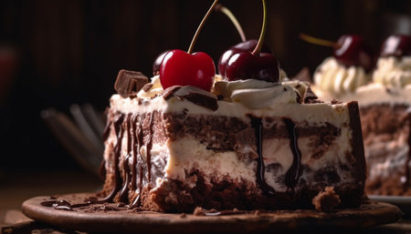 Indulgent chocolate cheesecake with fresh berry decoration on wooden table generated by artificial intelligenceの素材