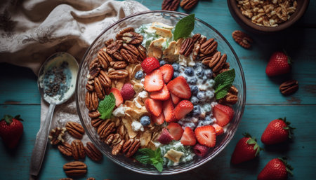 Healthy homemade granola bowl with fresh berry fruit and yogurt generated by artificial intelligenceの素材