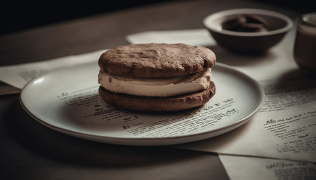 Homemade chocolate chip cookie stack on rustic wood table generated by artificial intelligenceの素材