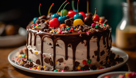 Indulgent chocolate birthday cake with fresh fruit decoration and whipped cream generated by artificial intelligenceの素材
