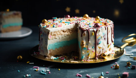 Multi colored birthday cake with chocolate icing and fresh fruit decoration generated by artificial intelligenceの素材