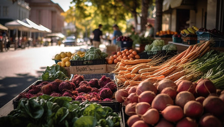 Fresh organic fruits and vegetables for healthy eating outdoors shopping generated by artificial intelligenceの素材