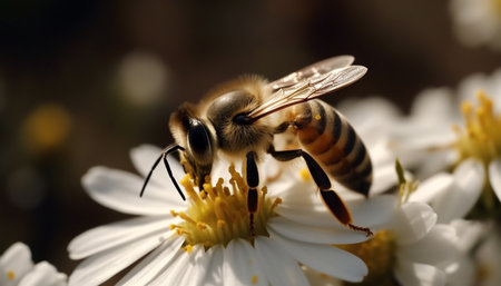 Busy honey bee picking up pollen from single flower generated by artificial intelligenceの素材