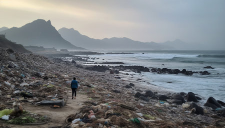 One person hiking on a dirty coastline, witnessing environmental damage generated by artificial intelligenceの素材