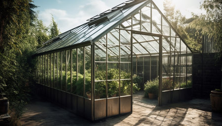 Fresh organic growth thrives inside modern transparent greenhouse technology generated by artificial intelligenceの素材