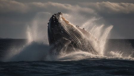 Majestic humpback breaches, spraying water, in awe inspiring tropical seascape generated by artificial intelligenceの素材