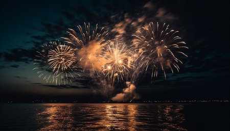 Vibrant fireworks illuminate the dark night sky in celebration generated by artificial intelligenceの素材