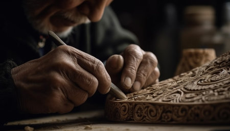 Craftsman hand carving leather, concentrating on creating handmade product generated by artificial intelligenceの素材