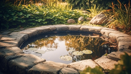 Tranquil scene of a pond in the forest with autumn leaves generated by artificial intelligenceの素材