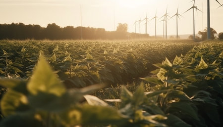 Green wind turbines power sustainable agriculture in rural landscape generated by artificial intelligenceの素材
