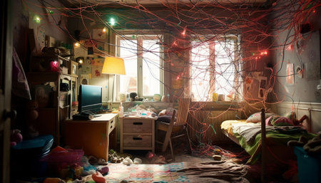 Comfortable modern bedroom illuminated by electric lamp and window light generated by artificial intelligenceの素材