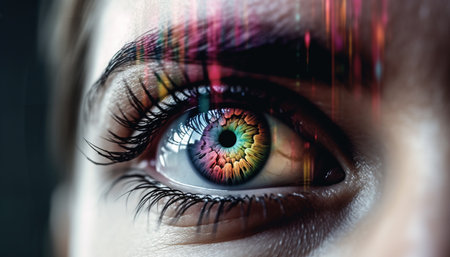 Blue eyed woman staring abstractly, watching futuristic surveillance technology generated by artificial intelligenceの素材