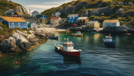 Tranquil fishing village on remote Norwegian coastline, a nautical paradise generated by artificial intelligenceの素材