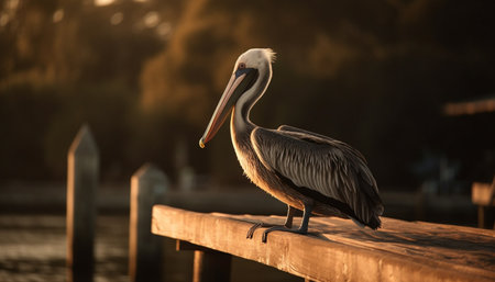 Pelican perching on wood, beak in focus, overlooking tranquil sea generated by artificial intelligenceの素材