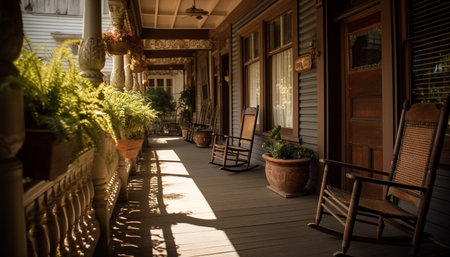 Modern chair on rustic porch, surrounded by nature elegance generated by artificial intelligenceの素材
