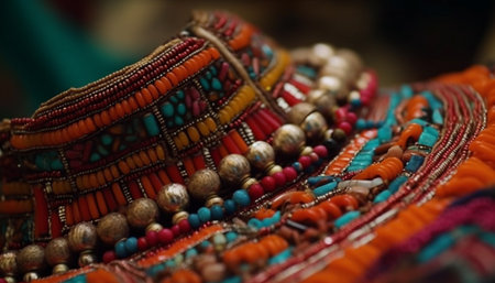 Colorful handmade jewelry and textiles showcase diverse cultural traditions and elegance generated by artificial intelligenceの素材