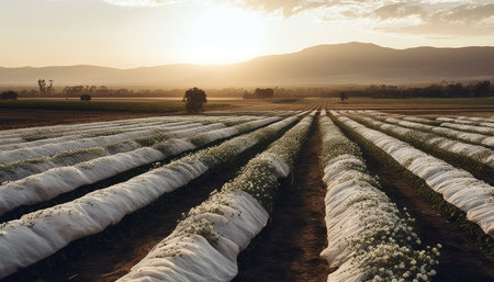 Rural farmer harvesting ripe organic fruit in landscaped meadow at dawn generated by artificial intelligenceの素材