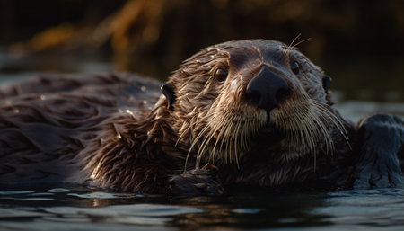 Playful seal swimming in tranquil pond, looking at camera generated by artificial intelligenceの素材