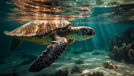 Green sea turtle swimming in multi colored reef, natural beauty underwater generated by artificial intelligenceの素材