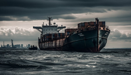 Abandoned rusty shipwreck moored at commercial dock, overcast skies generated by artificial intelligenceの素材