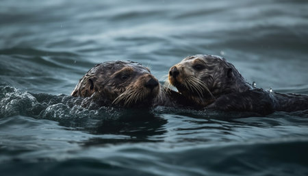 Playful seal pup swimming with cute sea lion in ripples generated by artificial intelligenceの素材