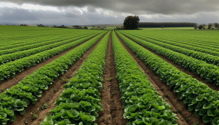Abundant organic harvest in panoramic rural landscape with fresh vegetables generated by artificial intelligenceの素材