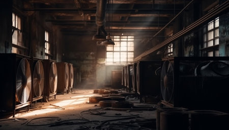Rusty metal barrels in rows, an old factory abandoned collection generated by artificial intelligenceの素材