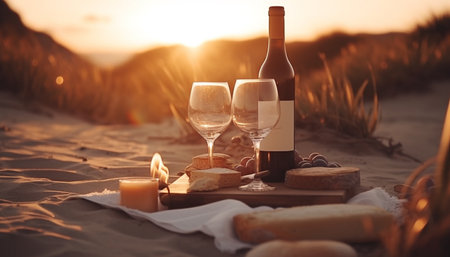 Romantic sunset picnic wine bottle, glasses, bread, fruit, relaxation generated by artificial intelligenceの素材