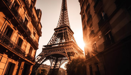 Majestic architecture illuminates the Parisian skyline at dawn generated by artificial intelligenceの素材
