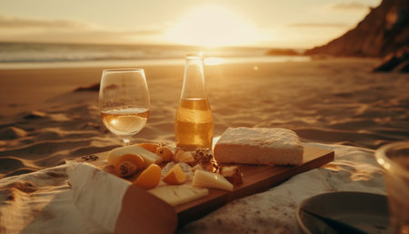 Sunset picnic on the beach wine, bread, and relaxation generated by artificial intelligenceの素材