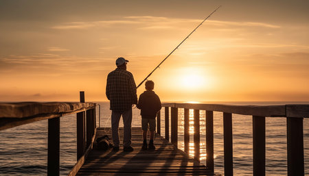 Family fishing at sunset, bonding and relaxation in tranquil nature generated by artificial intelligenceの素材