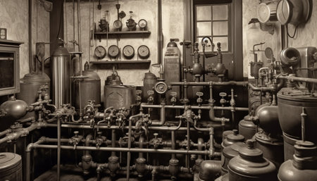 Antique winemaking equipment in old fashioned factory, sepia toned nostalgia generated by artificial intelligenceの素材
