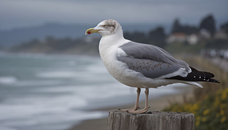 European herring gull perching on cliff, scanning seascape for prey generated by artificial intelligenceの素材