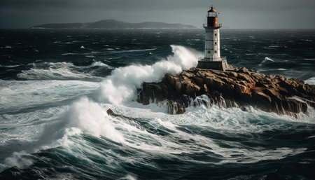 The famous beacon guides sailing vessels through dangerous waters at dusk generated by artificial intelligenceの素材