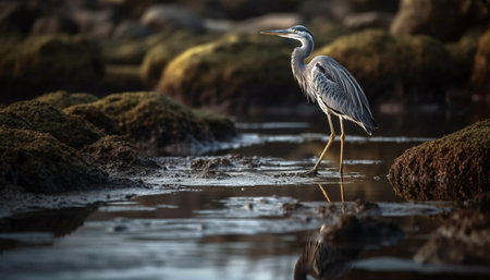 Gray heron standing in tranquil pond, fishing in selective focus generated by artificial intelligenceの素材