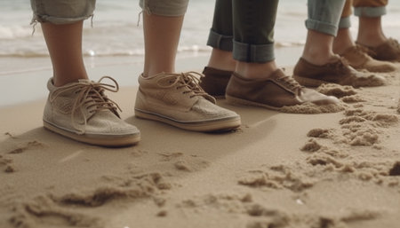 Friends walking outdoors in canvas shoes for summer adventure generated by artificial intelligenceの素材