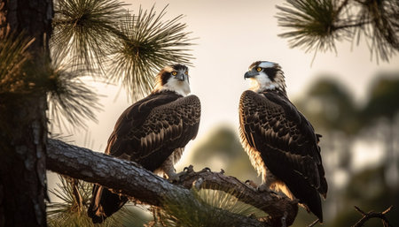 Majestic bird of prey perching on branch, focused on prey generated by artificial intelligenceの素材