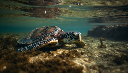 Beautiful sea turtle swims in colorful coral reef, surrounded by aquatic life generated by artificial intelligenceの素材