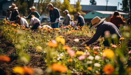 Men and women working together in the organic vegetable garden generated by artificial intelligenceの素材