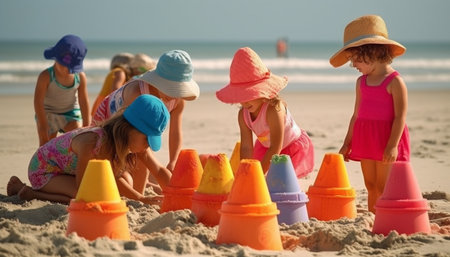 Cheerful children playing outdoors, building sandcastles with colorful plastic buckets generated by artificial intelligenceの素材